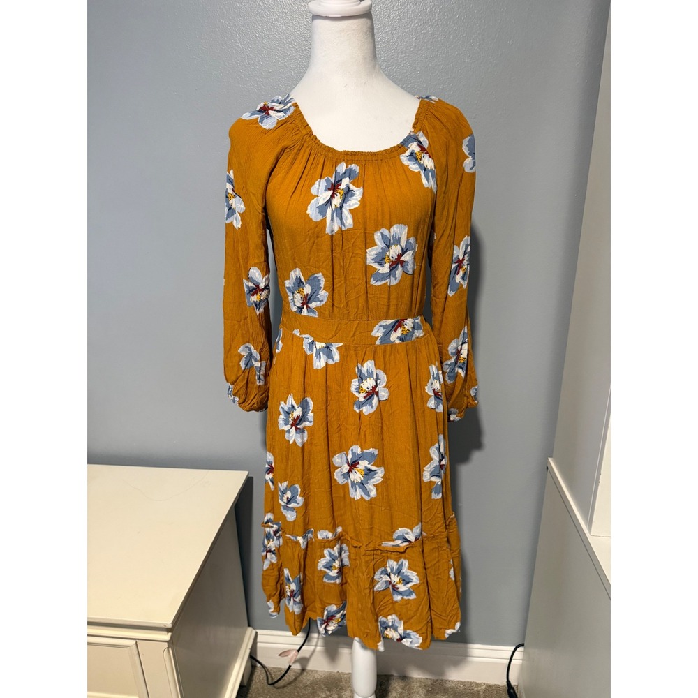 Old Navy Girls XL 14 Mustard Yellow Floral Long Sleeve Smocked Midi Dress Boho